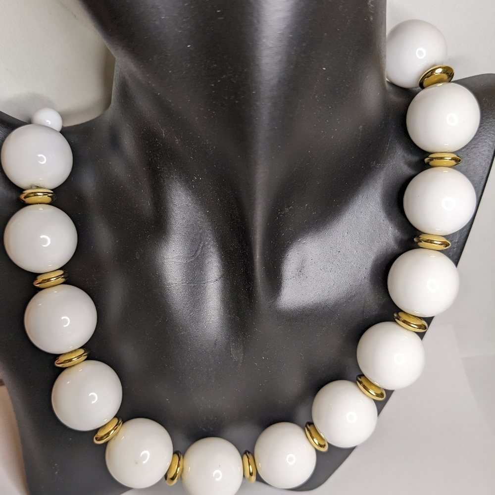 Vintage Napier White Lucite Bead Necklace with Gold Accents – 18” Bold Statement